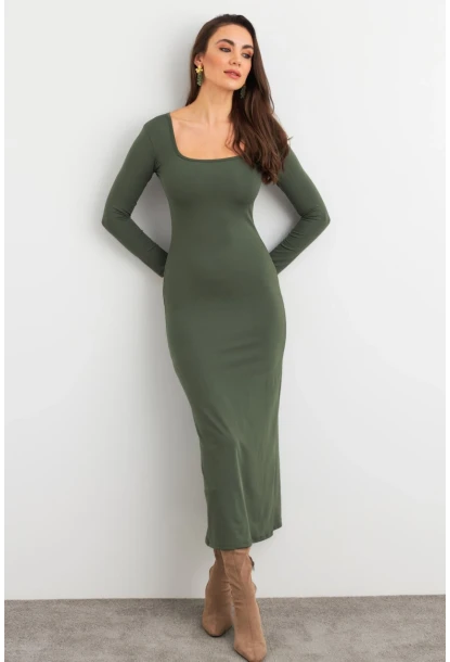 Kadın Çağla Yeşili Kare Yaka Midi Elbise XC8102