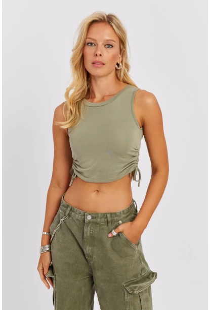 Kadın Çağla Yeşili Yanları Bağcıklı Kolsuz Bluz MK05