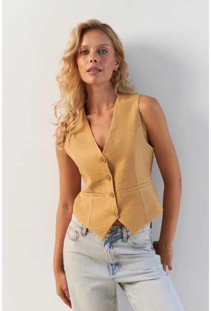 Kadın Camel Astarlı Keten Yelek TW60046-1