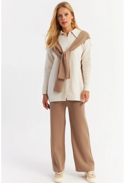 Kadın Camel Atkılı Triko Hırka Alt Üst Takım NUV20