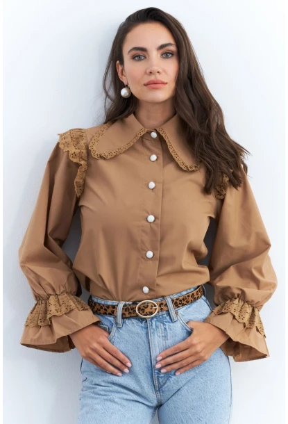 Kadın Camel Bebe Yaka Dantelli Gömlek MQS1839