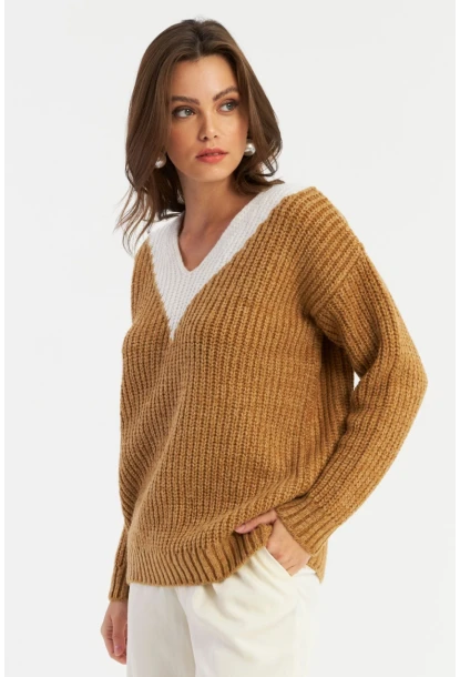 Kadın Camel-Beyaz V Yaka Triko Kazak SMT2434