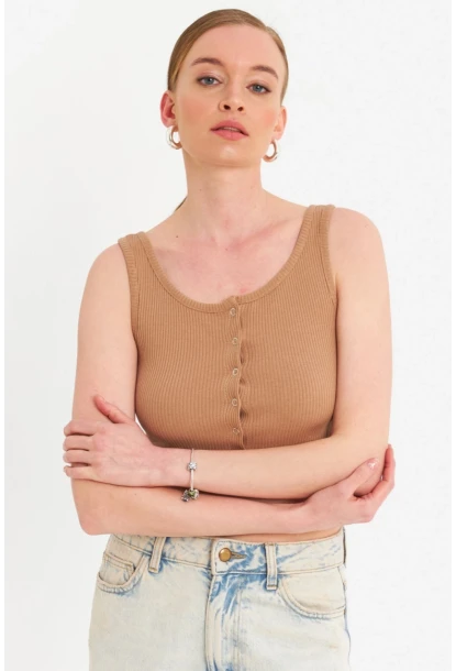 Kadın Camel Çıtçıtlı Crop Bluz YDF103