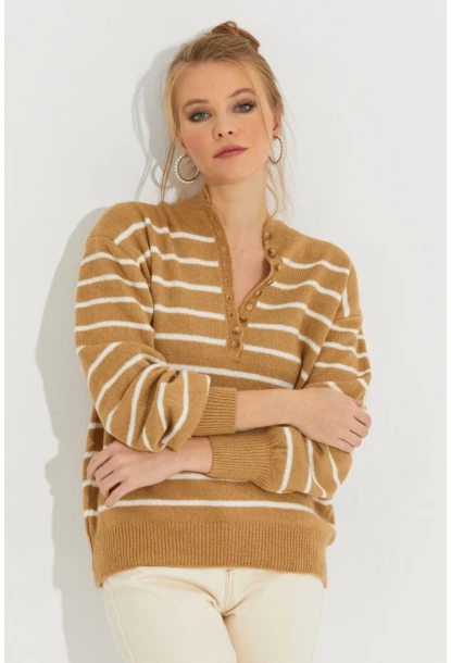 Kadın Camel Çizgili Triko Kazak SMT219