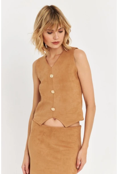 Kadın Camel Düğme Detaylı Süet Bluz KED7113