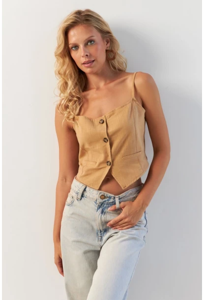 Kadın Camel Düğmeli İp Askılı Yelek MP20153