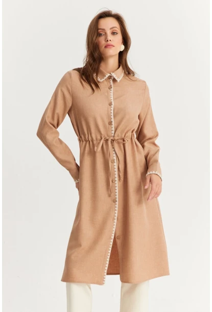 Kadın Camel Garnili Gömlek Midi Elbise MASF10