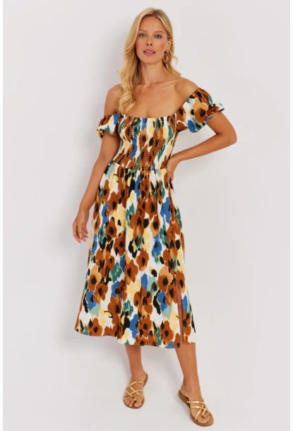 Kadın Camel Gipeli Desenli Midi Elbise MON126