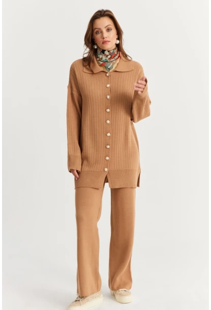 Kadın Camel İnci Düğmeli Hırka Triko Alt Üst Takım NUV26