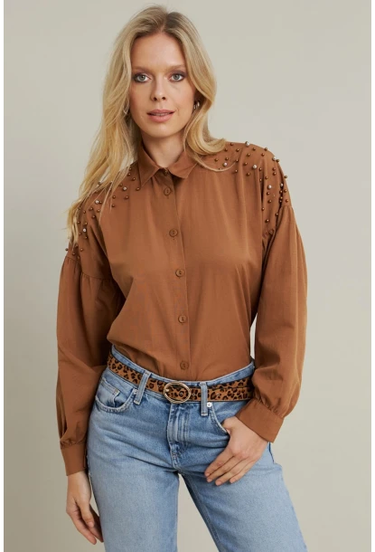 Kadın Camel İncili Balon Kol Gömlek MASF16