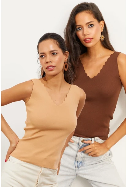 Kadın Camel-Kahve Merdiven Yaka İkili Triko Bluz YV129