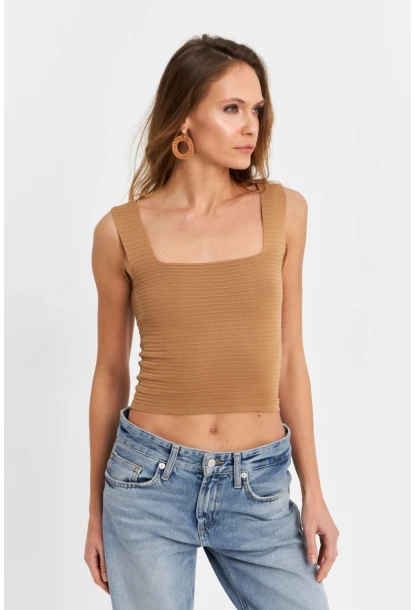 Kadın Camel Kare Yaka Triko Bluz SE8