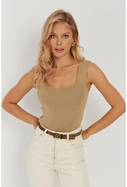 Kadın Camel Kare Yaka Triko Bluz YV80
