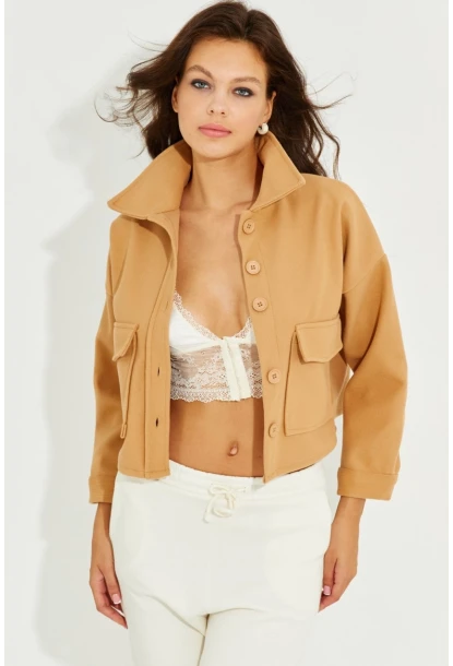 Kadın Camel Kaşe Cepli Kısa Ceket PP2444