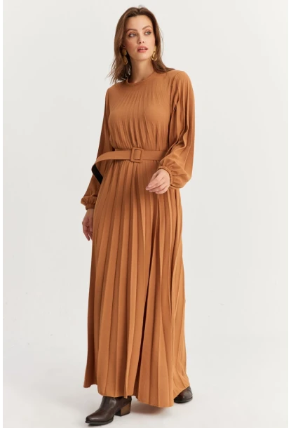 Kadın Camel Kemerli Plili Maxi Elbise ALZ500