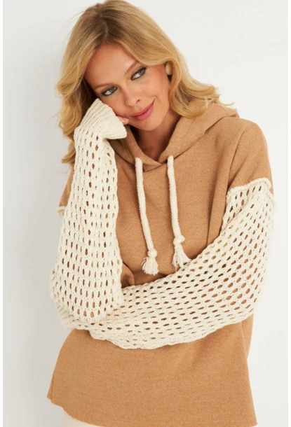 Kadın Camel Kolları Ajurlu Kapüşonlu Sweatshirt YLE12