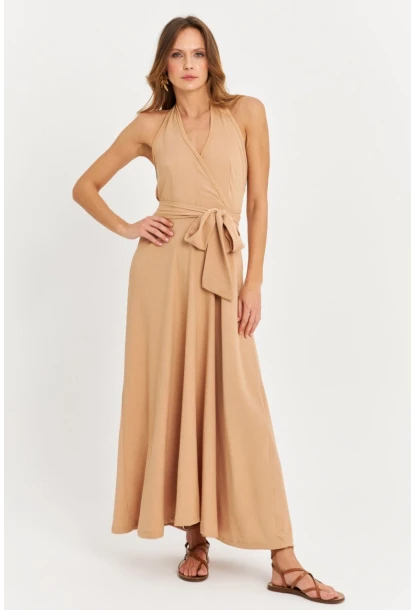 Kadın Camel Kruvaze Bürümcük Maxi Elbise EY3053