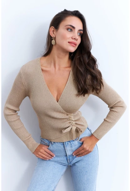 Kadın Camel Kruvaze Büzgülü Simli Bluz KED173
