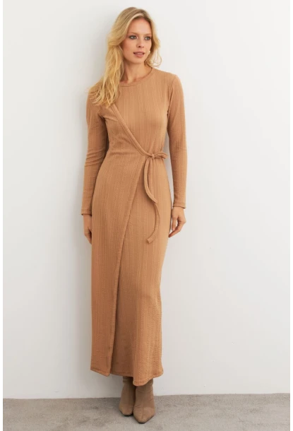 Kadın Camel Kruvaze Maxi Elbise MTF31