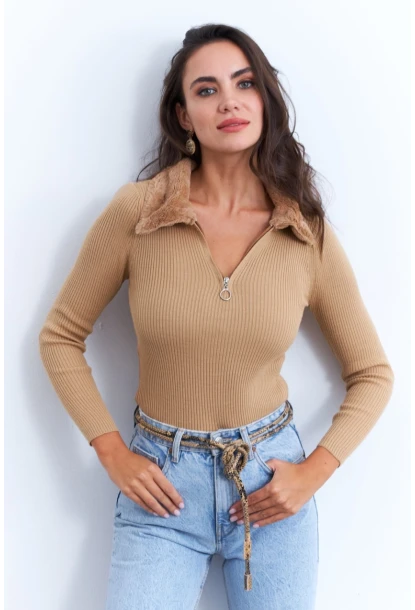 Kadın Camel Kürk Yaka Bluz ELA115
