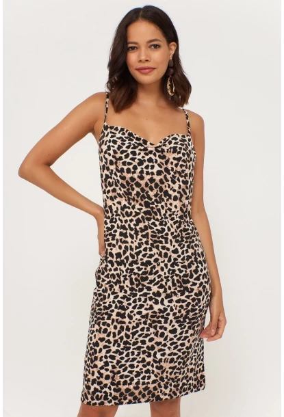 Kadın Camel Leopar Desenli Degaje Yaka Elbise LPP1130