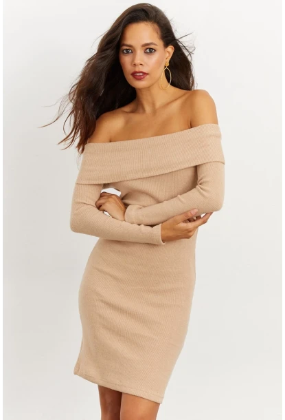 Kadın Camel Madonna Yaka Kaşkorse Elbise CG272