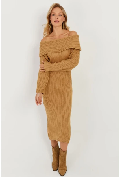 Kadın Camel Madonna Yaka Triko Midi Elbise KZ2503