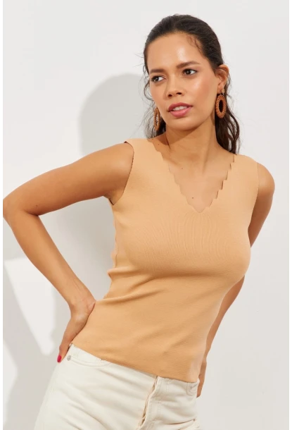 Kadın Camel Merdiven Yaka Triko Bluz YV83