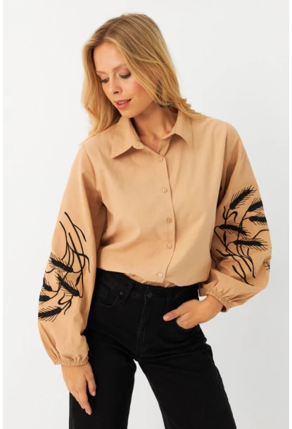 Kadın Camel Nakışlı Balon Kol Gömlek MQS5603