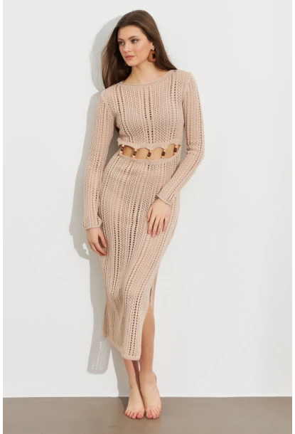 Kadın Camel Önü Pencereli Ajurlu Plaj Elbisesi KZ545