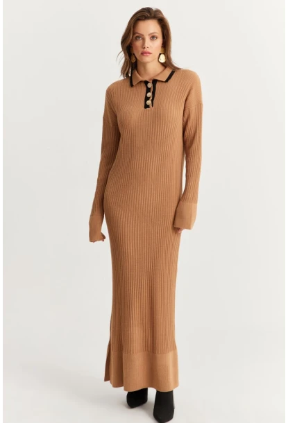 Kadın Camel Polo Yaka Triko Maxi Elbise MNUV17