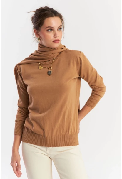 Kadın Camel Şal Aksesuarlı Triko Bluz YV286