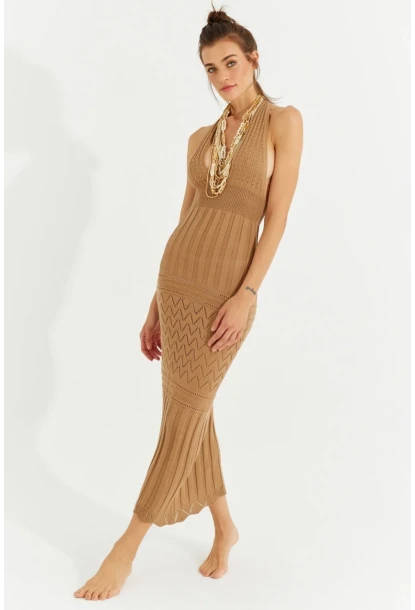Kadın Camel Sırtı Açık Triko Maxi Elbise SF2505