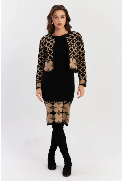 Kadın Camel-Siyah Alt Üst Triko Desenli Takım NUV2028