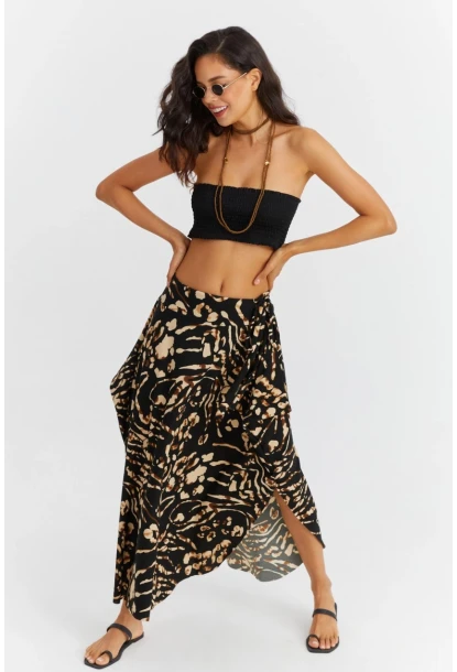 Kadın Camel-Siyah Asimetrik Etek LV81