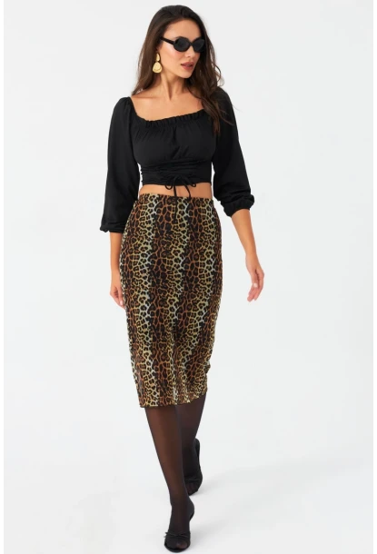 Kadın Camel-Siyah Astarlı Desenli Tül Etek CG391