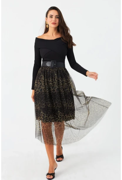 Kadın Camel-Siyah Astarlı Tül Leopar Etek SF2553
