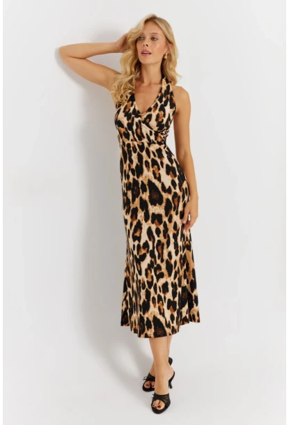 Kadın Camel-Siyah Boyun Bağlamalı Leopar Desenli Midi Elbise EY2897