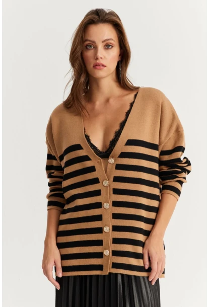 Kadın Camel-Siyah Çizgili Triko Hırka CNG3