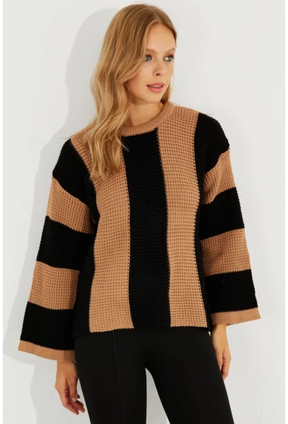 Kadın Camel-Siyah Çizgili Triko Kazak SF2507