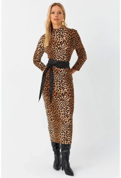 Kadın Camel-Siyah Desenli Midi Elbise MLPP400