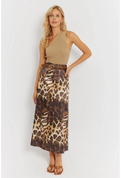 Kadın Camel-Siyah Desenli Saten Etek KED170