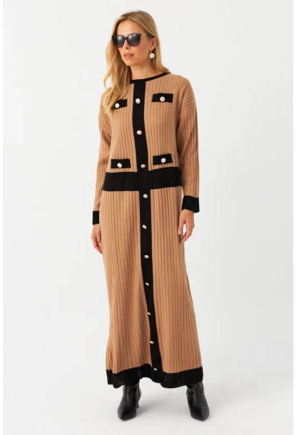 Kadın Camel-Siyah Düğme Detaylı Maxi Elbise MTC3201