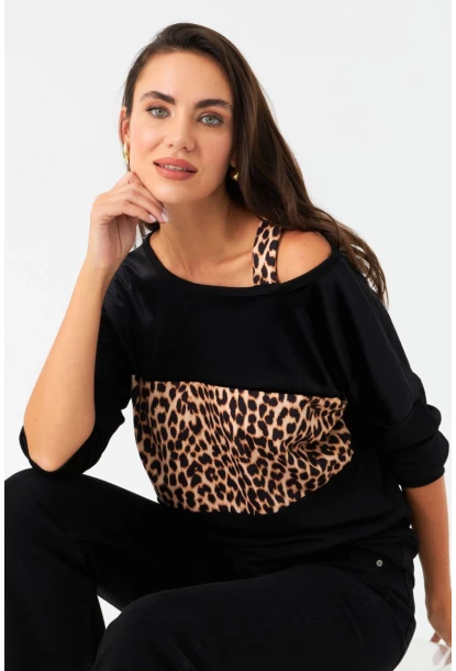 Kadın Camel-Siyah Kadife Bloklu Leopar Desenli Sweatshirt ST097