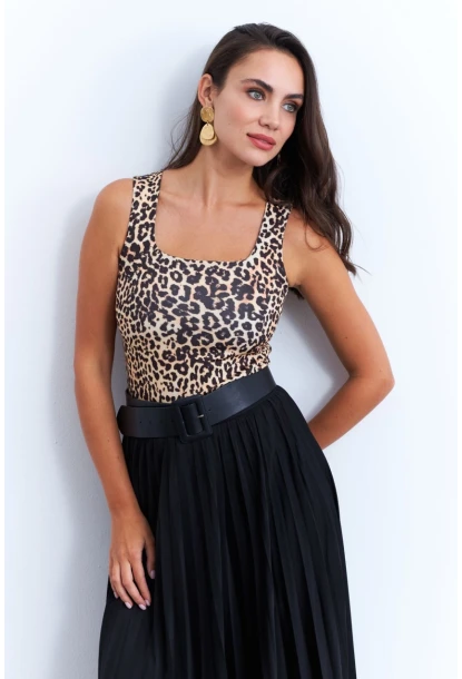 Kadın Camel-Siyah Kare Yaka Leopar Bluz RLO87