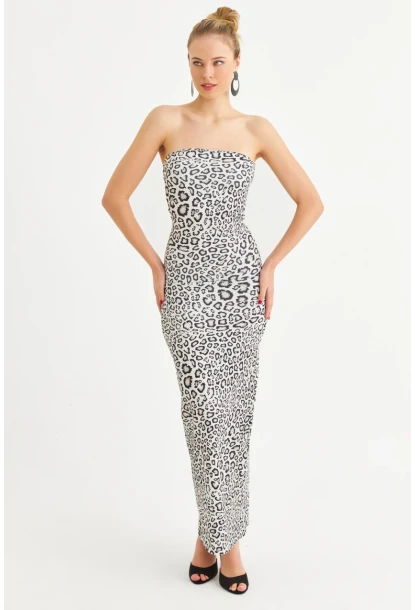 Kadın Camel-Siyah Leopar Desen Straplez Yırtmaçlı Midi Elbise XC005