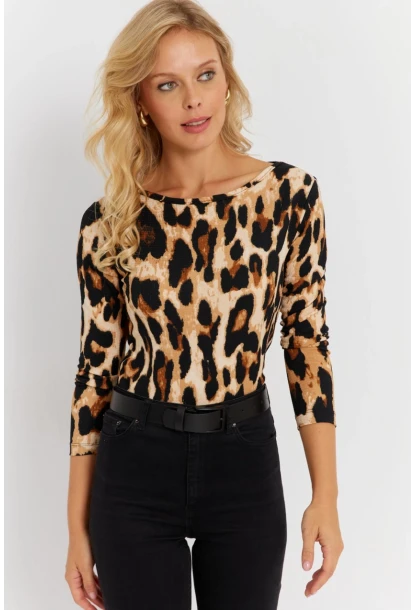 Kadın Camel-Siyah Leopar Desenli Bürümcük Bluz EY2894