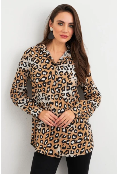 Kadın Camel-Siyah Leopar Desenli Gömlek MASF227