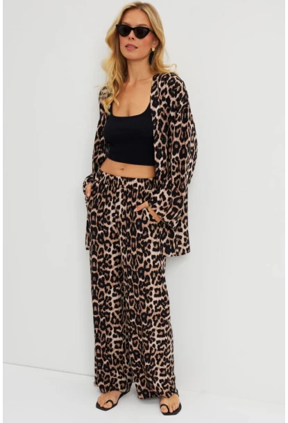 Kadın Camel-Siyah Leopar Desenli Kimono Takım GÇ163