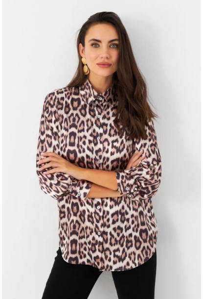 Kadın Camel-Siyah Leopar Desenli Saten Gömlek MRAD5901-1